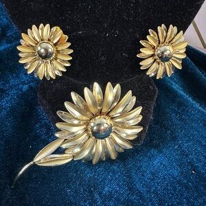 Gold Floral Brooch and Earring Set